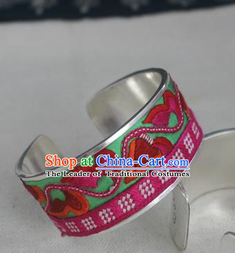 Handmade Chinese Miao Nationality Green Embroidered Flowers Sliver Bracelet Traditional Hmong Bangle for Women