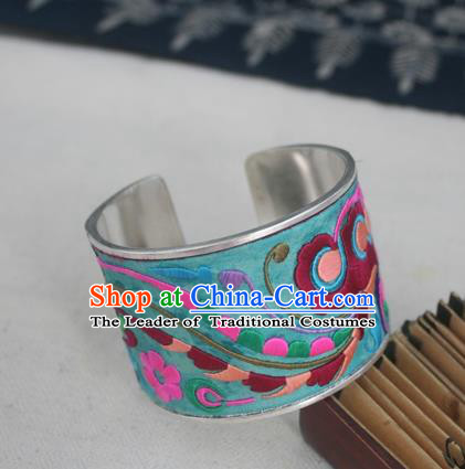 Handmade Chinese Miao Nationality Embroidered Flowers Sliver Bracelet Traditional Hmong Bangle for Women