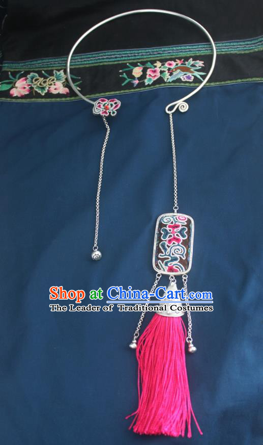 Chinese Traditional Miao Sliver Necklace Hmong Ornaments Minority Rosy Tassel Longevity Lock for Women