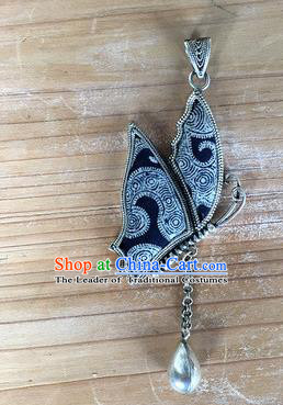 Chinese Traditional Miao Sliver Embroidered Hmong Ornaments Accessories Minority Navy Butterfly Necklace Pendant for Women