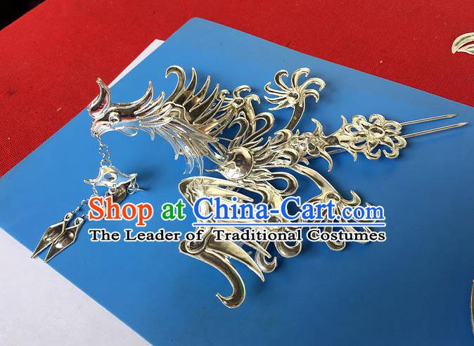 Traditional Chinese Miao Nationality Hair Accessories Tassel Step Shake Sliver Phoenix Hairpins for Women