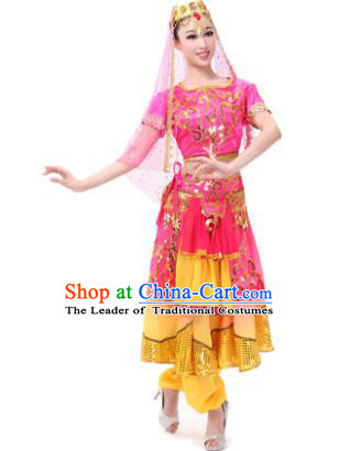 Traditional Chinese Xinjiang Uyghur Nationality Rosy Dress, Uigurian Minority Folk Dance Ethnic Costume for Women
