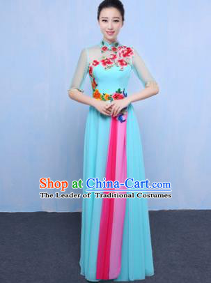 Chinese Traditional Chorus Singing Group Embroidered Costume, Compere Classical Dance Light Blue Dress for Women