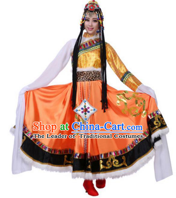Traditional Chinese Zang Ethnic Dress, Tibetan Minority Folk Dance Costume and Headwear for Women