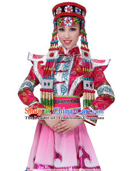 Traditional Chinese Mongol Nationality Pink Dress, Mongolian Minority Folk Dance Ethnic Costume for Women