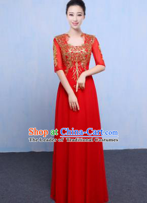 Top Grade Chorus Singing Group Modern Dance Embroidered Red Dress, Compere Classical Dance Costume for Women