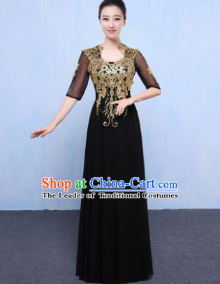 Top Grade Chorus Singing Group Modern Dance Embroidered Black Dress, Compere Classical Dance Costume for Women