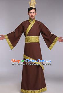 Traditional Chinese Ancient Scholar Costume Han Dynasty Minister Hanfu Brown Curving-front Robe for Men