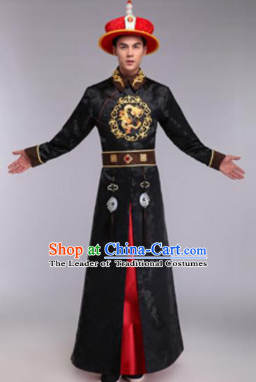 Traditional Chinese Ancient Manchu Prince Costume Qing Dynasty Infante Embroidered Black Robe and Hat for Men