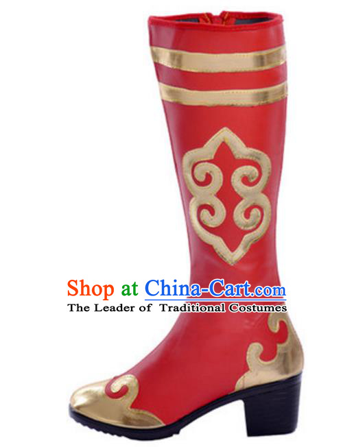 Chinese Traditional Mongol Dance Shoes, Uigurian Minority Folk Dance Red Boots for Women