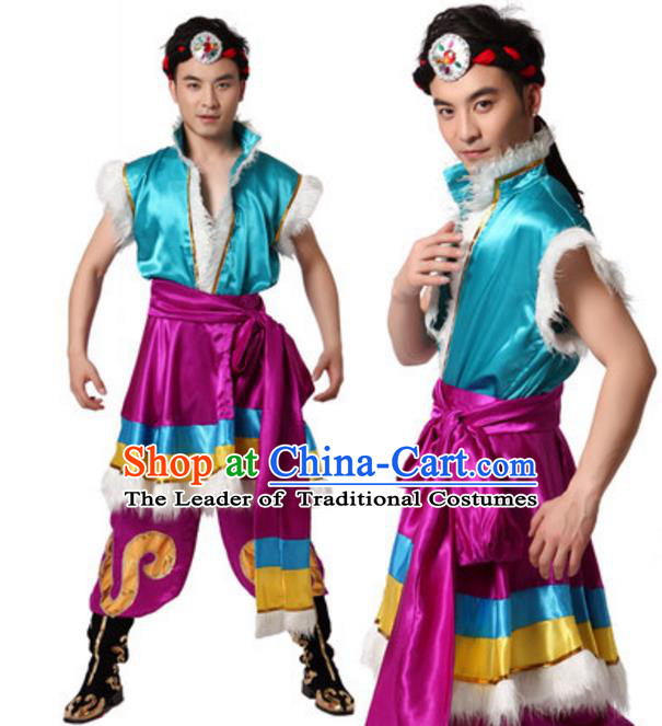 Traditional Chinese Zang Nationality Blue Clothing, Tibetan Minority Folk Dance Ethnic Costume for Men