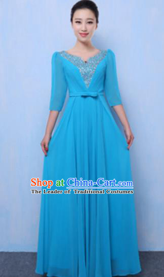 Top Grade Chorus Singing Group Blue Full Dress, Compere Classical Dance Costume for Women