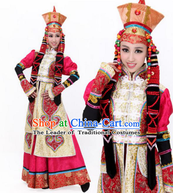 Traditional Chinese Mongol Ethnic Princess Wedding Dress, Mongolian Minority Folk Dance Costume and Headwear for Women