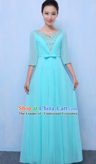 Top Grade Chorus Singing Group Light Blue Full Dress, Compere Classical Dance Costume for Women
