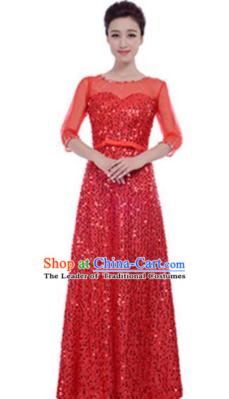 Top Grade Chorus Group Choir Red Sequins Full Dress, Compere Stage Performance Modern Dance Costume for Women