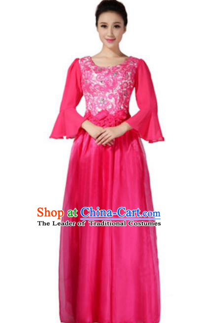 Top Grade Chorus Group Choir Mandarin Sleeve Rosy Full Dress, Compere Stage Performance Modern Dance Costume for Women