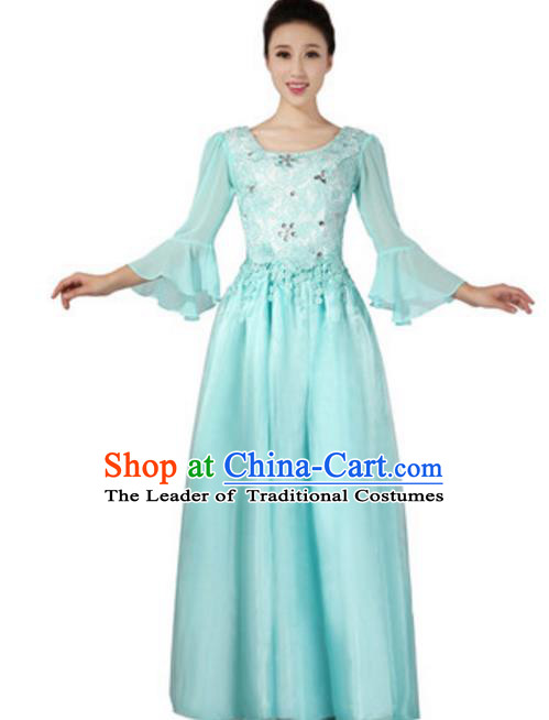 Top Grade Chorus Group Choir Mandarin Sleeve Blue Full Dress, Compere Stage Performance Modern Dance Costume for Women