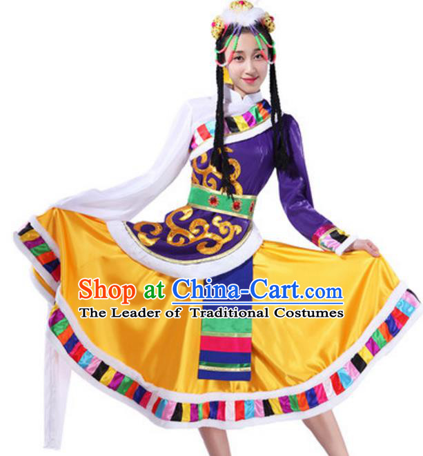 Traditional Chinese Zang Ethnic Clothing, China Tibetan Minority Folk Dance Costume and Headwear for Women