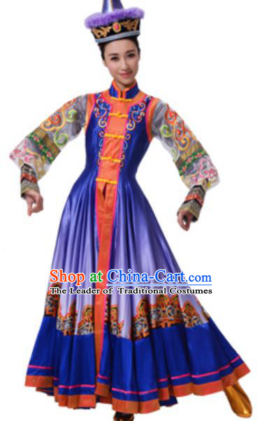 Traditional Chinese Mongolian Nationality Ethnic Clothing, China Mongols Minority Princess Folk Dance Costume and Hat for Women