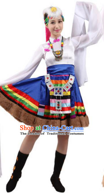 Traditional Chinese Zang Ethnic Dance Water Sleeve Dress, China Tibetan Minority Folk Dance Costume and Headwear for Women