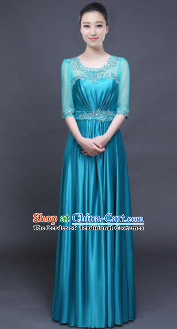 Top Grade Chorus Group Blue Full Dress, Compere Stage Performance Classical Dance Choir Costume for Women