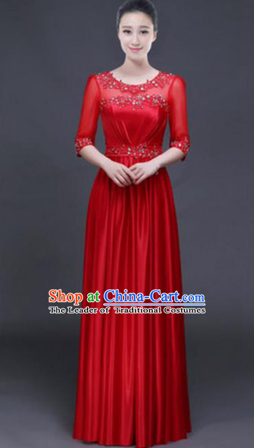 Top Grade Chorus Group Red Full Dress, Compere Stage Performance Classical Dance Choir Costume for Women
