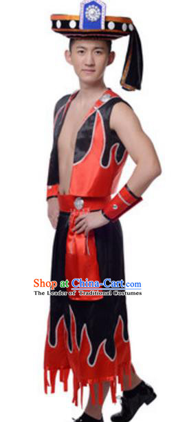 Traditional Chinese Yi Nationality Dancing Costume and Headwear, China Minority Drum Dance Ethnic Clothing for Men