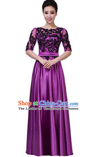 Top Grade Chorus Group Purple Long Full Dress, Compere Stage Performance Choir Costume for Women