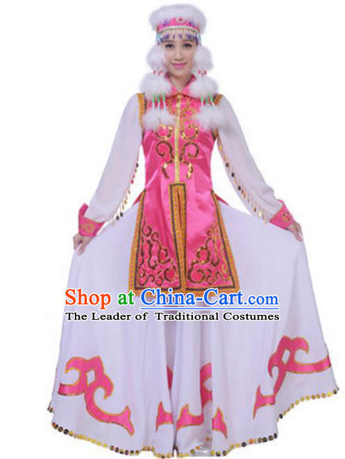 Traditional Chinese Mongol Nationality Princess Clothing, China Mongolian Minority Folk Dance Ethnic Costume and Headwear for Women