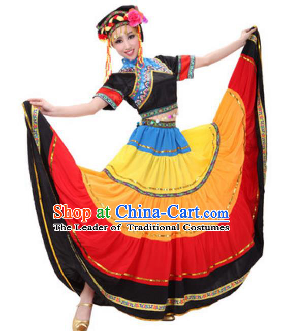 Traditional Chinese Yi Nationality Peacock Dance Costume, Chinese Ethnic Torch Festival Dance Dress for Women