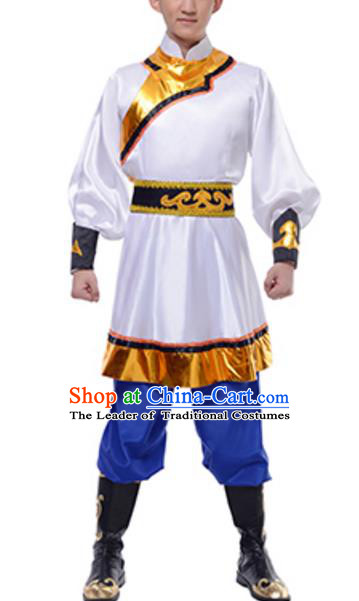 Traditional Chinese Mongols Nationality White Clothing, China Mongolian Minority Dance Ethnic Costume for Men