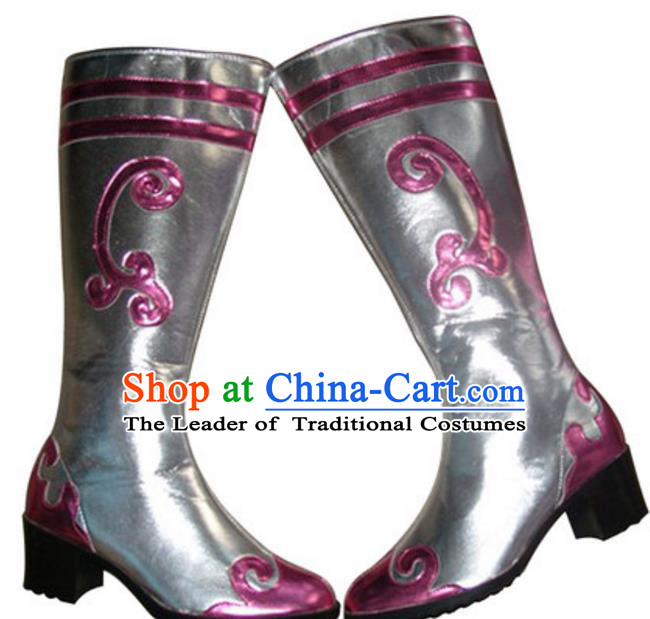 Chinese Traditional Zang Nationality Dance Shoes, Tibetan Minority Folk Dance Pink Boots for Women