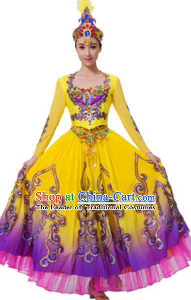 Traditional Chinese Uyghur Nationality Costume, Chinese Uigurian Ethnic Dance Dress Clothing and Hat for Women