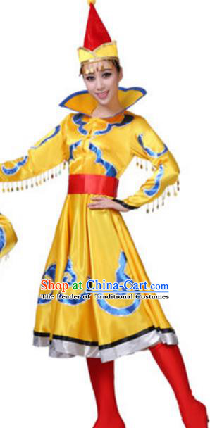 Traditional Chinese Nationality Yellow Mongolian Robe, China Mongols Ethnic Dance Costume and Hat for Women