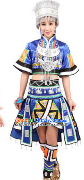 Traditional Chinese Miao Nationality Blue Pleated Skirt, Chinese Hmong Female Ethnic Folk Dance Costume and Headwear for Women