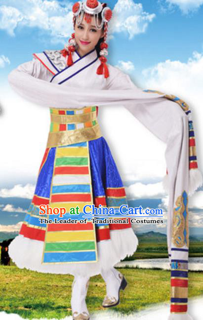 Traditional Chinese Zang Nationality Water Sleeve Dress, China Tibetan Ethnic Dance Costume and Headwear for Women