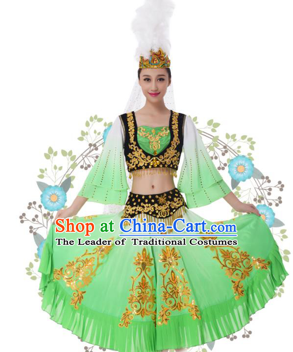 Traditional Chinese Uyghur Nationality Princess Green Dress, China Uigurian Minority Ethnic Dance Costume and Headwear for Women