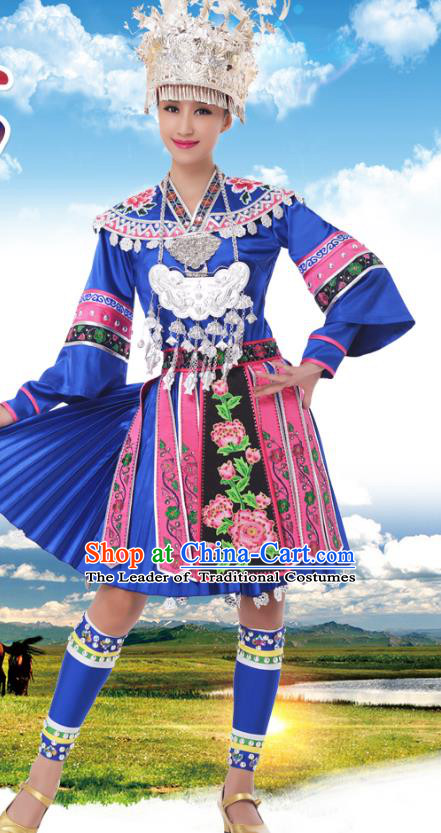 Traditional Chinese Miao Nationality Princess Blue Dress, China Hmong Minority Ethnic Dance Costume and Headwear for Women