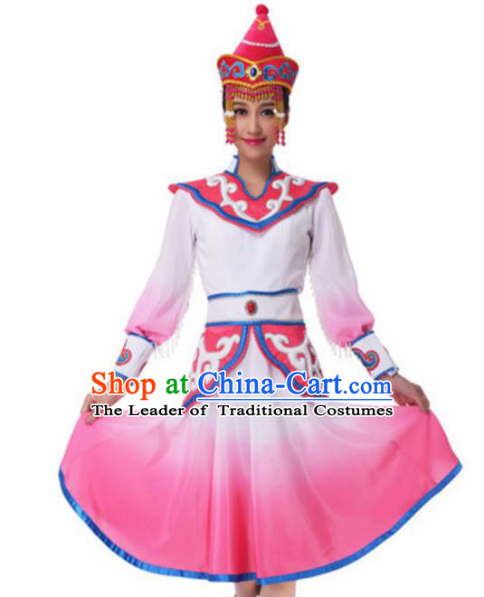 Traditional Chinese Mongol Nationality Princess Pink Dress, China Mongolian Minority Ethnic Dance Costume and Headwear for Women