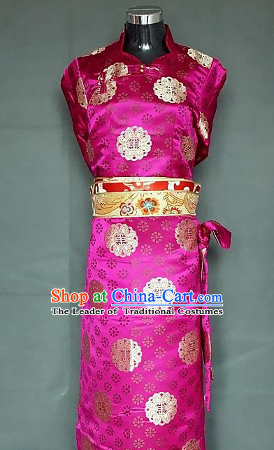 Chinese Traditional Zang Nationality Rosy Dress, China Tibetan Heishui Dance Brocade Costume for Women