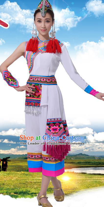 Chinese Traditional She Nationality Dance Clothing, China She Minority Folk Dance Costume and Headpiece for Women