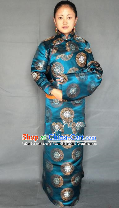 Chinese Traditional Zang Nationality Clothing Blue Tibetan Robe, China Tibetan Ethnic Heishui Dance Costume for Women