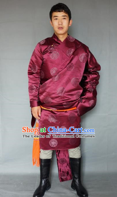 Chinese Traditional Zang Nationality Costume Red Satin Tibetan Robe, China Tibetan Ethnic Clothing for Men