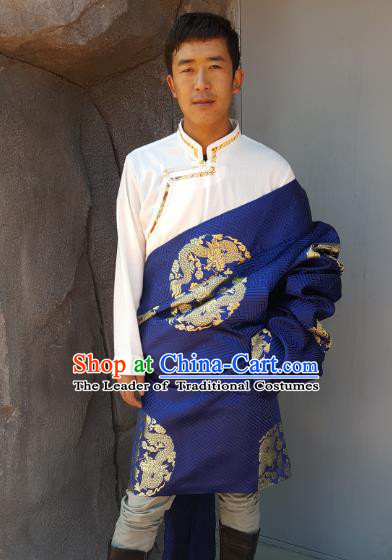 Chinese Traditional Zang Nationality Costume Dragon Satin Tibetan Robe, China Tibetan Ethnic Clothing for Men