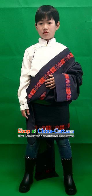 Chinese Traditional Zang Nationality Children Costume, China Tibetan Ethnic Black Robe for Kids