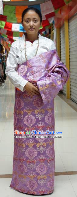 Chinese Traditional Zang Nationality Lilac Tibetan Robe, China Tibetan Ethnic Heishui Dance Costume for Women