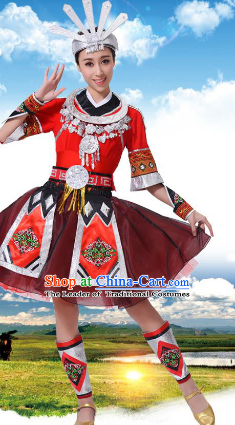 Chinese Traditional Miao Nationality Red Dress, China Hmong Minority Ethnic Dance Costume and Headpiece for Women