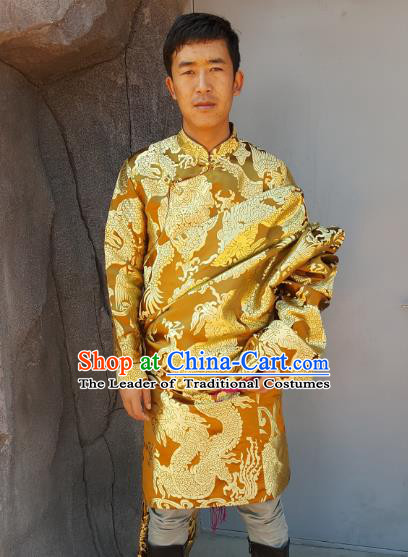 Chinese Traditional Zang Nationality Wedding Costume, China Tibetan Ethnic Embroidered Dragon Golden Tibetan Robe for Men