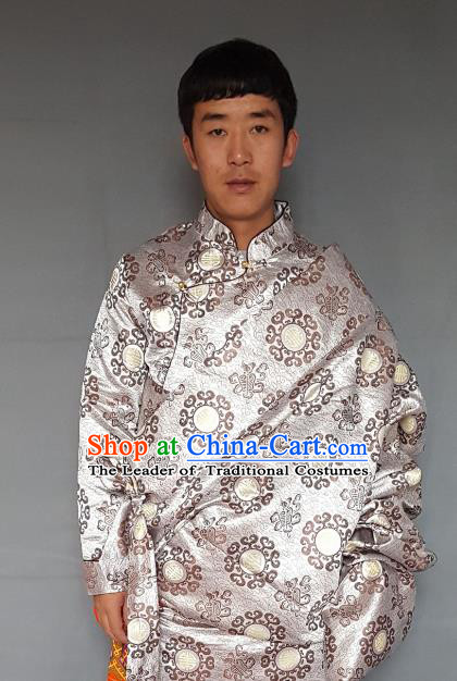 Chinese Traditional Zang Nationality Costume White Tibetan Robe, China Tibetan Ethnic Embroidered Clothing for Men