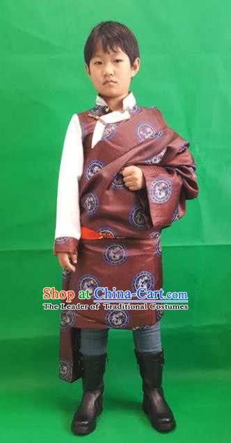 Chinese Traditional Zang Nationality Children Costume, China Tibetan Ethnic Clothing Brown Tibetan Robe for Kids